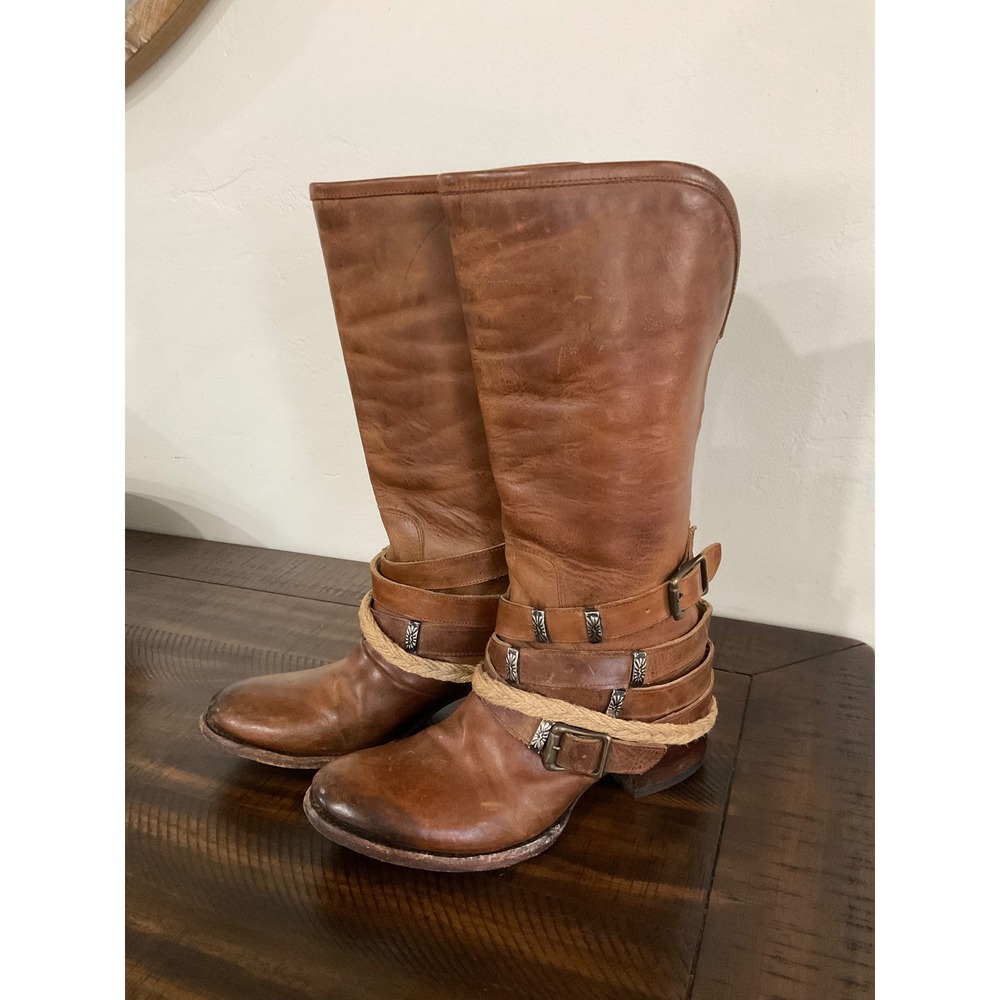 Free Bird Drove Tan Leather Harness Boots Rope Womens 7 distressed